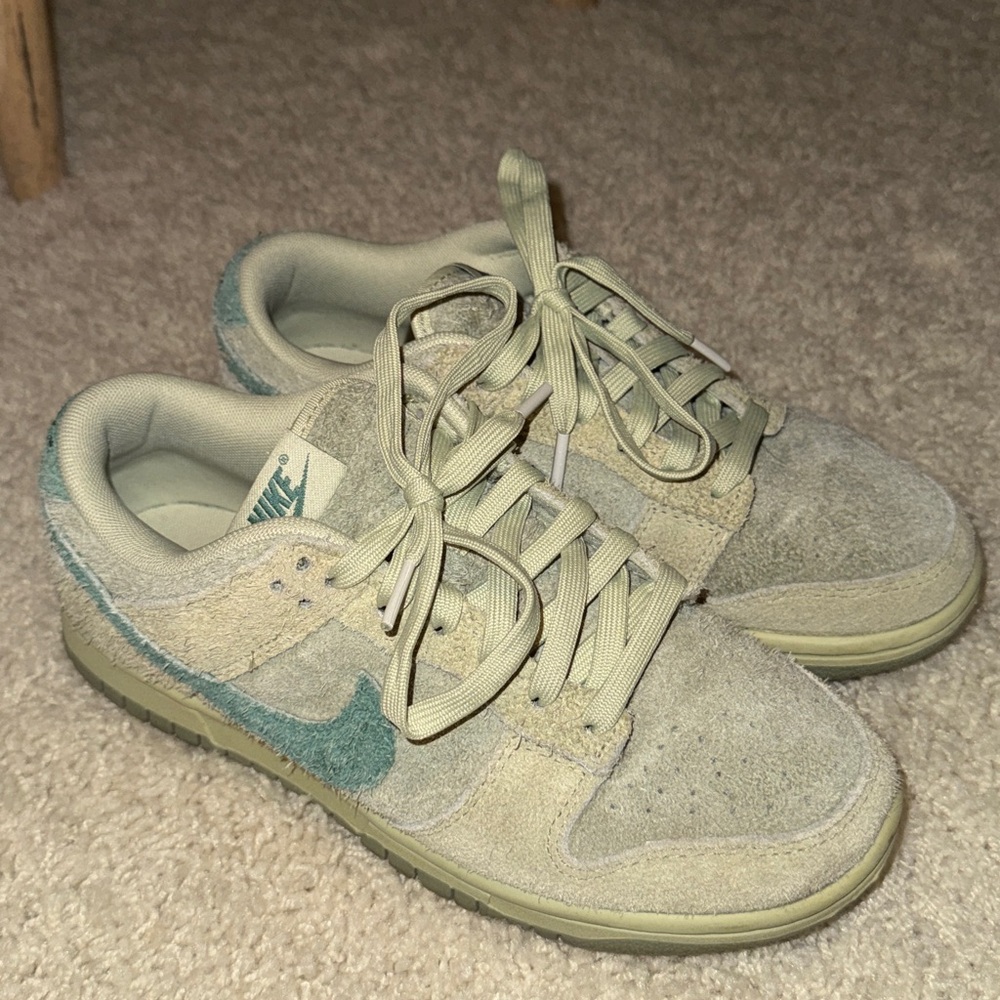 Nike Dunks Suede Low-Top in Light Sage with Teal Swoosh
